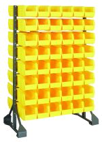 The Rail Rack is a double-sided freestanding storage solution, measuring 36L x 20W x 53H, with eight rows and seven columns of bright yellow open-fronted plastic bins on a sturdy galvanized steel frame. It includes 96 Qus230 bins and can hold up to 1500 lbs, perfect for organizing small items.