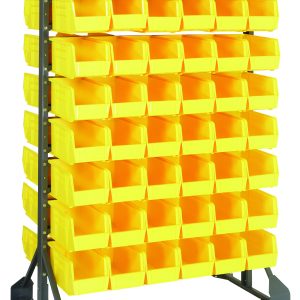 The Rail Rack is a double-sided freestanding storage solution, measuring 36L x 20W x 53H, with eight rows and seven columns of bright yellow open-fronted plastic bins on a sturdy galvanized steel frame. It includes 96 Qus230 bins and can hold up to 1500 lbs, perfect for organizing small items.