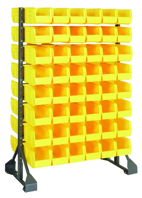 QRU-16D-230-96_YL.jpg The Rail Rack is a double-sided freestanding storage solution, measuring 36L x 20W x 53H, with eight rows and seven columns of bright yellow open-fronted plastic bins on a sturdy galvanized steel frame. It includes 96 Qus230 bins and can hold up to 1500 lbs, perfect for organizing small items.