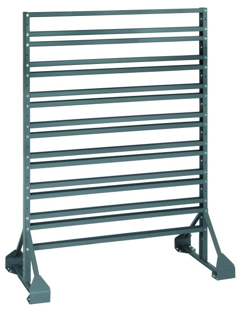 The tall double-sided grayish-blue Rail Rack is 36L x 20W x 53H, supported by sturdy triangular bases with a 1500 lbs load capacity and includes 16 rails, designed for storage or organization with multiple bin configurations available (bins sold separately).