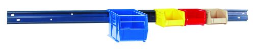 A gray powder-coated steel wall rail, measuring 48L x 5/8W x 3H, supports up to 125 lbs and accepts various bin configurations for versatile storage. Bins are sold separately and evenly mount on the rail.