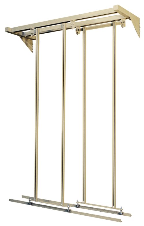 The Free Standing Slider, measuring 18D x 48W x 77H with a 2000 lbs load capacity, is crafted from tough 14-gauge steel and features an ivory finish, ensuring durability and strength in its design (bins not included).