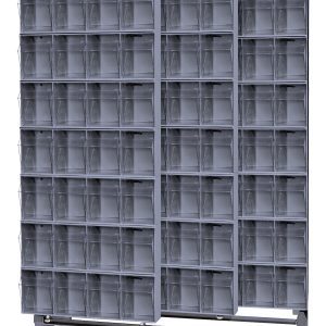 The Free Standing Slider measures 18D x 48W x 77H, has a 2000 lbs load capacity, and features a sturdy design made of tough 14-gauge steel with multiple compartments. It includes 28 QTB304 tip-out gray bins for organizing small items.