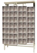 The spacious Free Standing Slider features multiple transparent drawers organized in ivory bins. Measuring 18D x 48W x 77H, its supported by a durable 14-gauge steel frame for versatile storage, with a load capacity of 2000 lbs and includes (28) QTB304 tip-out bins.