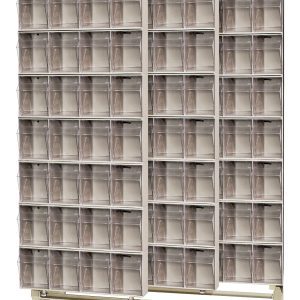 The spacious Free Standing Slider features multiple transparent drawers organized in ivory bins. Measuring 18D x 48W x 77H, its supported by a durable 14-gauge steel frame for versatile storage, with a load capacity of 2000 lbs and includes (28) QTB304 tip-out bins.
