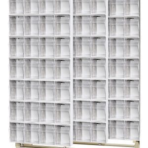 This Free Standing Slider, measuring 18D x 48W x 77H, features tough 14-gauge steel and holds up to 2000 lbs. It comes with 28 QTB304 tip-out white bins, perfect for organizing small items in workshops or garages seeking efficient storage solutions.