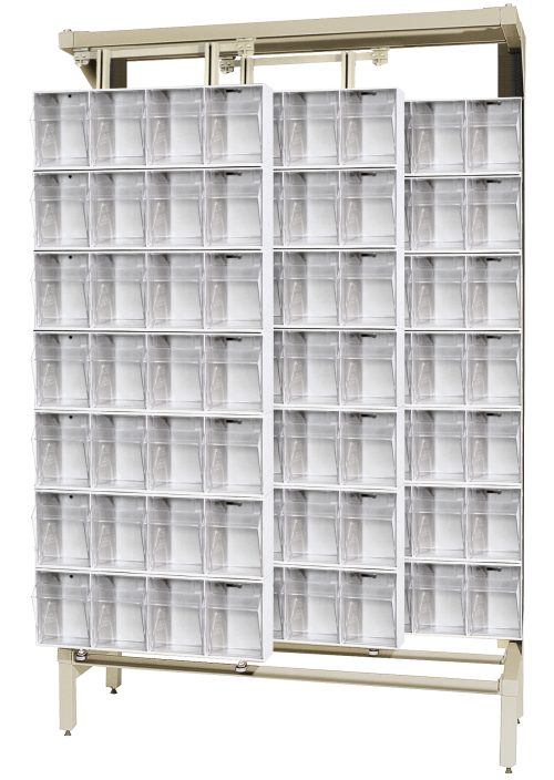 This Free Standing Slider, measuring 18D x 48W x 77H, features tough 14-gauge steel and holds up to 2000 lbs. It comes with 28 QTB304 tip-out white bins, perfect for organizing small items in workshops or garages seeking efficient storage solutions.