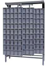 A freestanding metal rack made of tough 14-gauge steel, sized 18D x 48W x 77H, includes multiple sliding panels with 36 QTB305 tip-out gray bins and supports up to 2000 lbs.