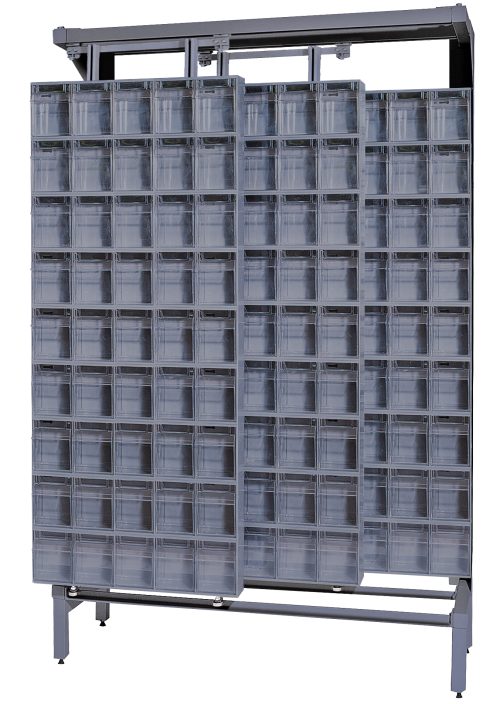 A freestanding metal rack made of tough 14-gauge steel, sized 18D x 48W x 77H, includes multiple sliding panels with 36 QTB305 tip-out gray bins and supports up to 2000 lbs.