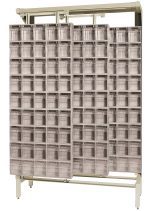 The Free Standing Slider, measuring 18D x 48W x 77H, features robust construction with tough 14-gauge steel and offers a 2000 lbs load capacity. It includes three sliding panels with a total of 36 QTB305 tip-out ivory bins, ideal for organizing small parts or tools.