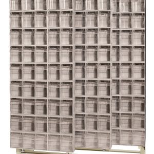 The Free Standing Slider, measuring 18D x 48W x 77H, features robust construction with tough 14-gauge steel and offers a 2000 lbs load capacity. It includes three sliding panels with a total of 36 QTB305 tip-out ivory bins, ideal for organizing small parts or tools.