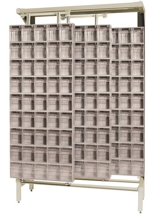 The Free Standing Slider, measuring 18D x 48W x 77H, features robust construction with tough 14-gauge steel and offers a 2000 lbs load capacity. It includes three sliding panels with a total of 36 QTB305 tip-out ivory bins, ideal for organizing small parts or tools.