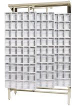 The Free Standing Slider, measuring 18D x 48W x 77H, has a load capacity of 2000 lbs and is made from tough 14-gauge steel. It includes 36 QTB305 white tip-out bins in a space-efficient grid, perfect for organizing small items.