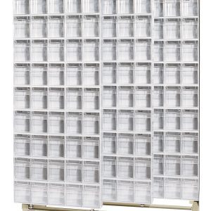 The Free Standing Slider, measuring 18D x 48W x 77H, has a load capacity of 2000 lbs and is made from tough 14-gauge steel. It includes 36 QTB305 white tip-out bins in a space-efficient grid, perfect for organizing small items.