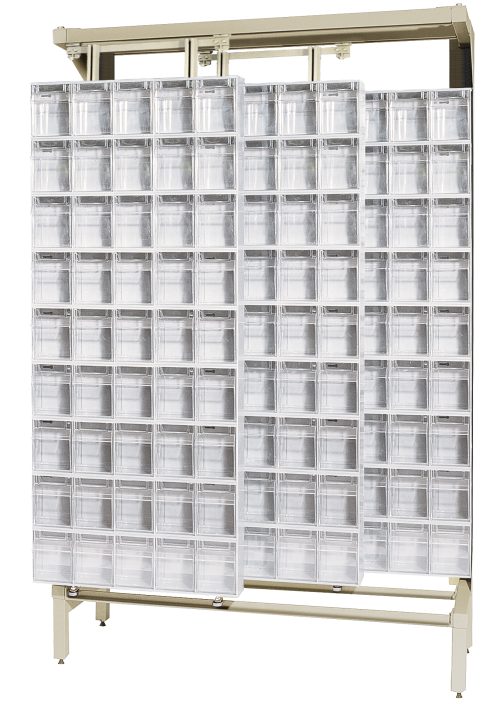 The Free Standing Slider, measuring 18D x 48W x 77H, has a load capacity of 2000 lbs and is made from tough 14-gauge steel. It includes 36 QTB305 white tip-out bins in a space-efficient grid, perfect for organizing small items.