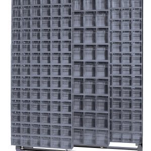 A large Free Standing Slider storage rack, 18D x 48W x 77H, made of tough 14-gauge steel with a load capacity of 2000 lbs. It features sliding panels for efficient organization and includes (9) QTB305 and (43) QTB306 tip-out gray bins.