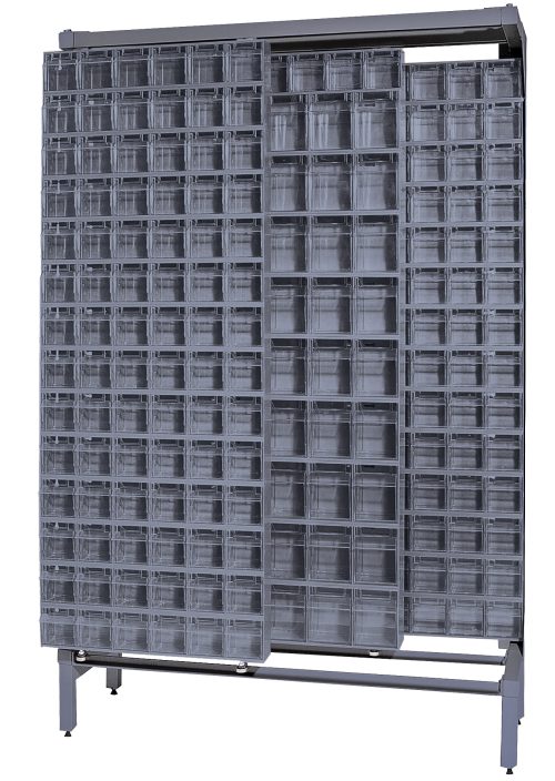 A large Free Standing Slider storage rack, 18D x 48W x 77H, made of tough 14-gauge steel with a load capacity of 2000 lbs. It features sliding panels for efficient organization and includes (9) QTB305 and (43) QTB306 tip-out gray bins.