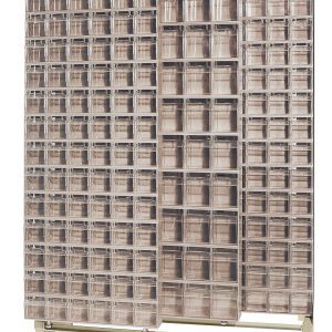 The Free Standing Slider is a large beige storage cabinet, 18D x 48W x 77H, made of tough 14-gauge steel with a 2000 lbs load capacity. It includes (9) QTB305 and (43) QTB306 tip-out ivory bins for efficient organization and accessibility.