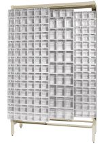 The Free Standing Slider, made of 14-gauge steel and measuring 18D x 48W x 77H, features a load capacity of 2000 lbs. It includes (9) QTB305 and (43) QTB306 tip-out white bins for organizing small items against a light background.
