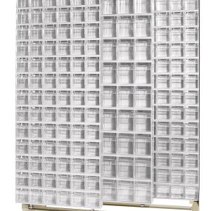 The Free Standing Slider, made of 14-gauge steel and measuring 18D x 48W x 77H, features a load capacity of 2000 lbs. It includes (9) QTB305 and (43) QTB306 tip-out white bins for organizing small items against a light background.