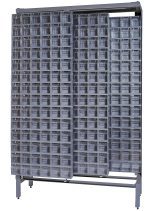 The Free Standing Slider, measuring 18D x 48W x 77H, can hold up to 2000 lbs. Made from tough 14-gauge steel, it includes two sliding panels with (56) QTB306 tip-out gray bins, perfect for organizing small items on its stable four-leg frame.