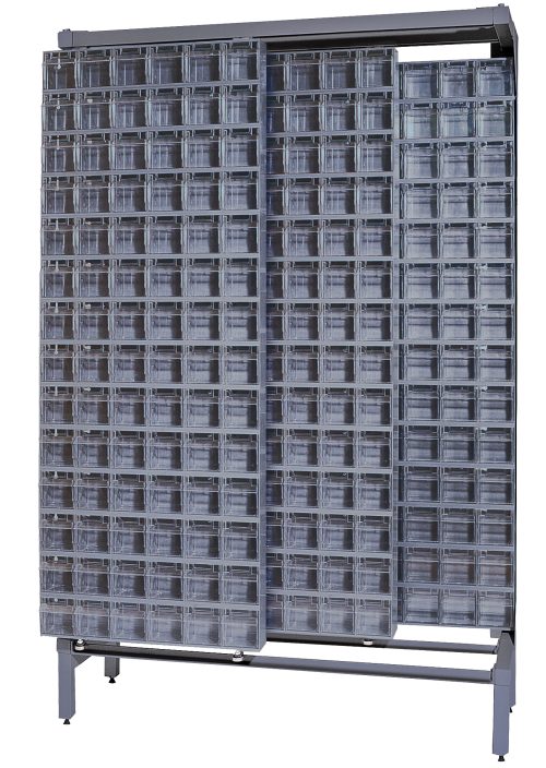 The Free Standing Slider, measuring 18D x 48W x 77H, can hold up to 2000 lbs. Made from tough 14-gauge steel, it includes two sliding panels with (56) QTB306 tip-out gray bins, perfect for organizing small items on its stable four-leg frame.
