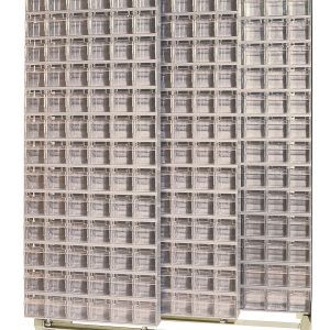 The Free Standing Slider, measuring 18D x 48W x 77H, holds 56 QTB306 tip-out ivory bins and boasts a sturdy 2000 lbs load capacity. Made of tough 14-gauge steel, this rack is ideal for organizing small items or hardware with easy access and a sleek beige frame.