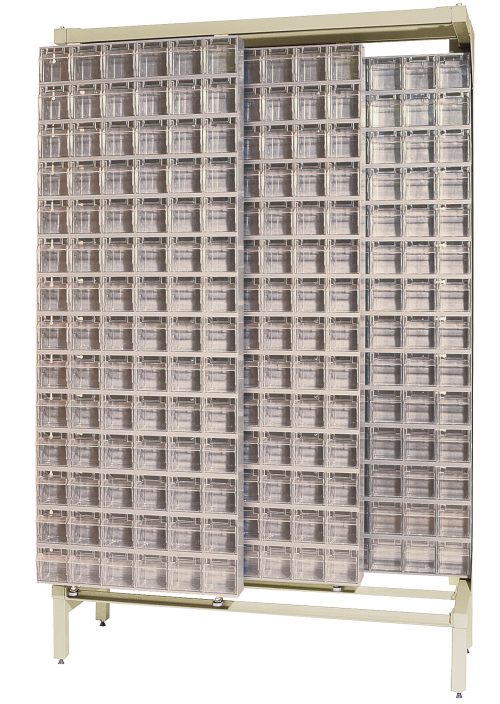 The Free Standing Slider, measuring 18D x 48W x 77H, holds 56 QTB306 tip-out ivory bins and boasts a sturdy 2000 lbs load capacity. Made of tough 14-gauge steel, this rack is ideal for organizing small items or hardware with easy access and a sleek beige frame.