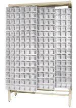 A large beige Free Standing Slider made of tough 14-gauge steel, featuring 56 QTB306 tip-out white bins in a grid pattern. Measuring 18D x 48W x 77H, it is perfect for organizing small items on its sturdy metal frame with a 2000 lbs load capacity.