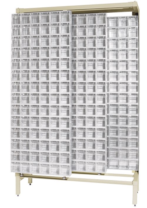 A large beige Free Standing Slider made of tough 14-gauge steel, featuring 56 QTB306 tip-out white bins in a grid pattern. Measuring 18D x 48W x 77H, it is perfect for organizing small items on its sturdy metal frame with a 2000 lbs load capacity.