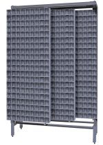 The Free Standing Slider, measuring 18D x 48W x 77H and built from tough 14-gauge steel, features three large gray grid-like panels on a metal stand with (80) QTB309 tip-out gray bins. It supports up to 2,000 lbs for storage or display purposes.