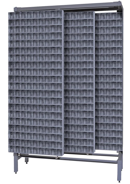 The Free Standing Slider, measuring 18D x 48W x 77H and built from tough 14-gauge steel, features three large gray grid-like panels on a metal stand with (80) QTB309 tip-out gray bins. It supports up to 2,000 lbs for storage or display purposes.