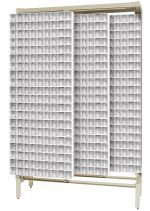 The Free Standing Slider is a 18D x 48W x 77H beige unit with a minimal design, made of tough 14-gauge steel, and has a 2000 lbs load capacity. It includes three sliding panels featuring 80 QTB309 tip-out white bins in clear compartments for small item organization.