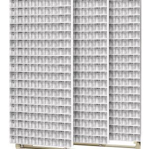 The Free Standing Slider is a 18D x 48W x 77H beige unit with a minimal design, made of tough 14-gauge steel, and has a 2000 lbs load capacity. It includes three sliding panels featuring 80 QTB309 tip-out white bins in clear compartments for small item organization.