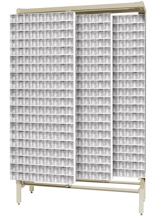 The Free Standing Slider is a 18D x 48W x 77H beige unit with a minimal design, made of tough 14-gauge steel, and has a 2000 lbs load capacity. It includes three sliding panels featuring 80 QTB309 tip-out white bins in clear compartments for small item organization.