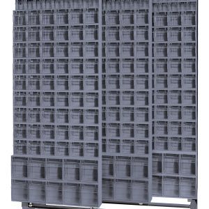 The large industrial storage unit, made of tough 14-gauge steel, features sliding panels and a sturdy metal frame. It includes (8) QTB305, (36) QTB306, and (12) QTB309 tip-out gray bins organized in rows on shelves. Dimensions: 18D x 48W x 77H with a load capacity of 2000 lbs.