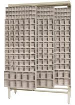 A Free Standing Slider, 18D x 48W x 77H, made of tough 14-gauge steel with a 2000 lbs load capacity, features a grid pattern filled with (8) QTB305 bins against a white background.