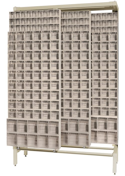 A Free Standing Slider, 18D x 48W x 77H, made of tough 14-gauge steel with a 2000 lbs load capacity, features a grid pattern filled with (8) QTB305 bins against a white background.