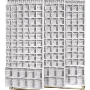 The Free Standing Slider, measuring 18D x 48W x 77H and crafted from tough 14-gauge steel, holds (8) QTB305, (36) QTB306, and (12) QTB309 tip-out white bins. This sturdy rack supports up to 2000 lbs and is ideal for efficiently organizing small items.