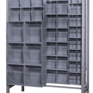 The Quantum Free Standing Slider, measuring 26D x 51-1/4W x 77H, boasts a 2000 lbs load capacity with durable 14-gauge steel construction. It includes (3) QTB302, (8) QTB303, (14) QTB304, and (3) QTB305 gray tip-out bins for versatile storage while maintaining an industrial look.