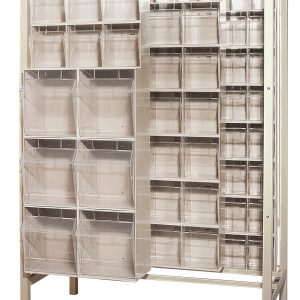 The Quantum Free Standing Slider, measuring 26D x 51-1/4W x 77H, is built from tough 14-gauge steel and includes three QTB302, eight QTB303, fourteen QTB304, and three QTB305 ivory bins. It features a sturdy design with a remarkable load capacity of 2000 lbs for organizing small items or parts.