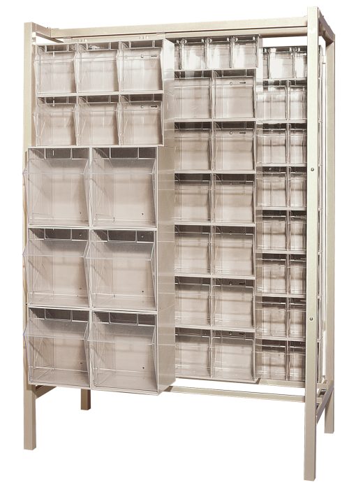 The Quantum Free Standing Slider, measuring 26D x 51-1/4W x 77H, is built from tough 14-gauge steel and includes three QTB302, eight QTB303, fourteen QTB304, and three QTB305 ivory bins. It features a sturdy design with a remarkable load capacity of 2000 lbs for organizing small items or parts.