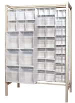 The Quantum Free Standing Slider, made of tough 14-gauge steel, includes a robust frame with a 2000 lbs load capacity and multiple white bins: (3) QTB302, (8) QTB303, (14) QTB304, and (3) QTB305 for organizing various items.