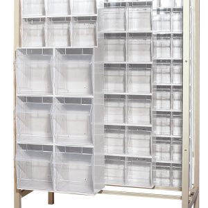 The Quantum Free Standing Slider, made of tough 14-gauge steel, includes a robust frame with a 2000 lbs load capacity and multiple white bins: (3) QTB302, (8) QTB303, (14) QTB304, and (3) QTB305 for organizing various items.