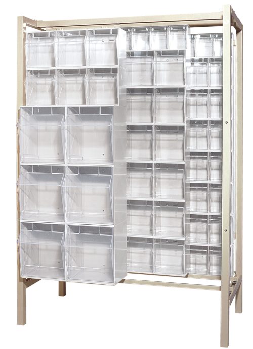 The Quantum Free Standing Slider, made of tough 14-gauge steel, includes a robust frame with a 2000 lbs load capacity and multiple white bins: (3) QTB302, (8) QTB303, (14) QTB304, and (3) QTB305 for organizing various items.