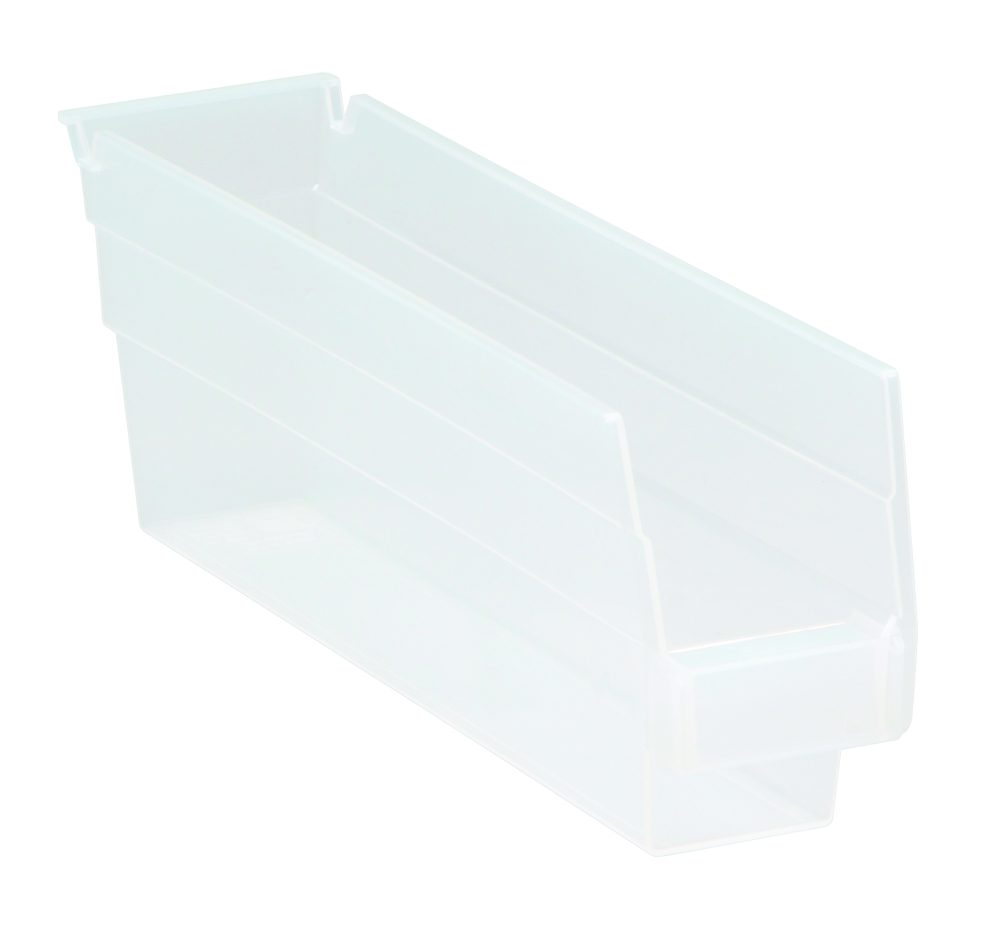 Clear plastic shelf bin showing contents through the side wall