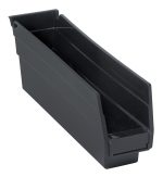 The black Economy Shelf Bin, made in the USA from polypropylene, is 11-5/8W x 2-3/4D x 4H with an open front and angled sides. It features 7 divider slots for customizable organization, a rear hanglock, and a molded-in label holder for tool or small part storage.