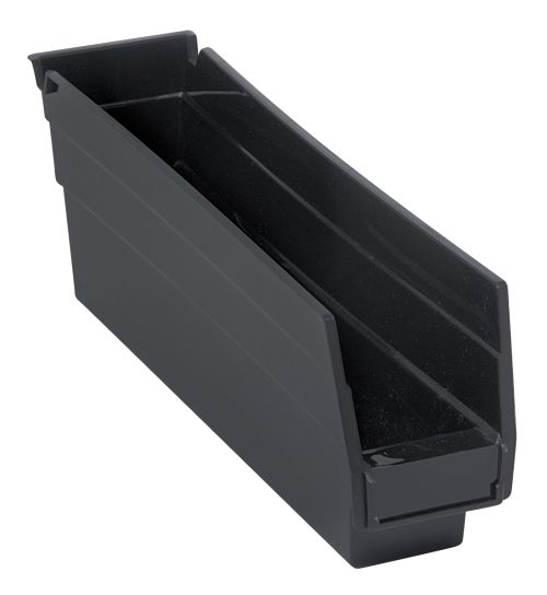 QSB100CO.jpg The black Economy Shelf Bin, made in the USA from polypropylene, is 11-5/8W x 2-3/4D x 4H with an open front and angled sides. It features 7 divider slots for customizable organization, a rear hanglock, and a molded-in label holder for tool or small part storage.