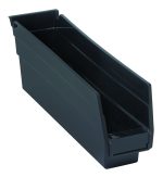 The Economy Shelf Bin, 11-5/8W x 2-3/4D x 4H, is a black polypropylene storage bin with a slanted front. It features a molded-in label holder, seven divider slots for versatility, and a rear hanglock. Made in the USA, its perfect for organizing items economically on any shelf.