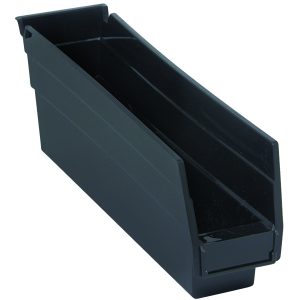 The Economy Shelf Bin, 11-5/8W x 2-3/4D x 4H, is a black polypropylene storage bin with a slanted front. It features a molded-in label holder, seven divider slots for versatility, and a rear hanglock. Made in the USA, its perfect for organizing items economically on any shelf.